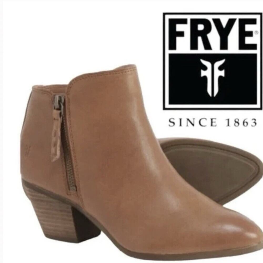 Frye Leather Ankle Boots Booties Judith Block Heel Double Zip Wheat Brown 9